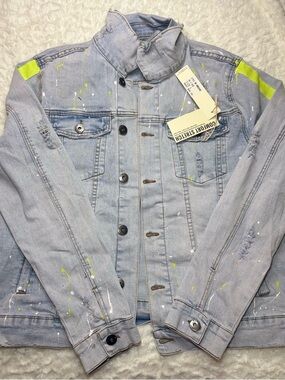 KDNK Light Wash Denim Jacket with Neon Yellow Accents